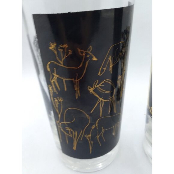 Vtg. Unique set of 2 MCM Deer Trees gold on black Clear high ball / tumblers - Picture 11 of 15